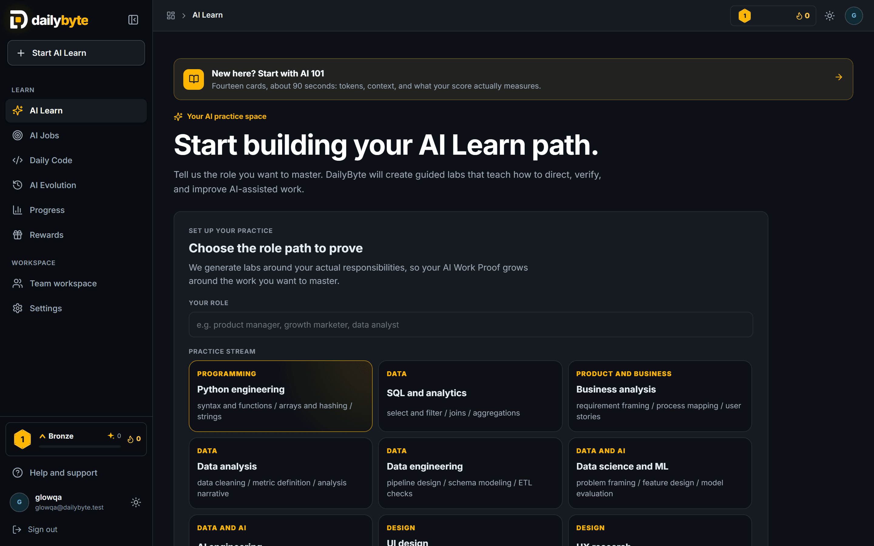 DailyByte AI Learn page with role-specific labs and progress signals